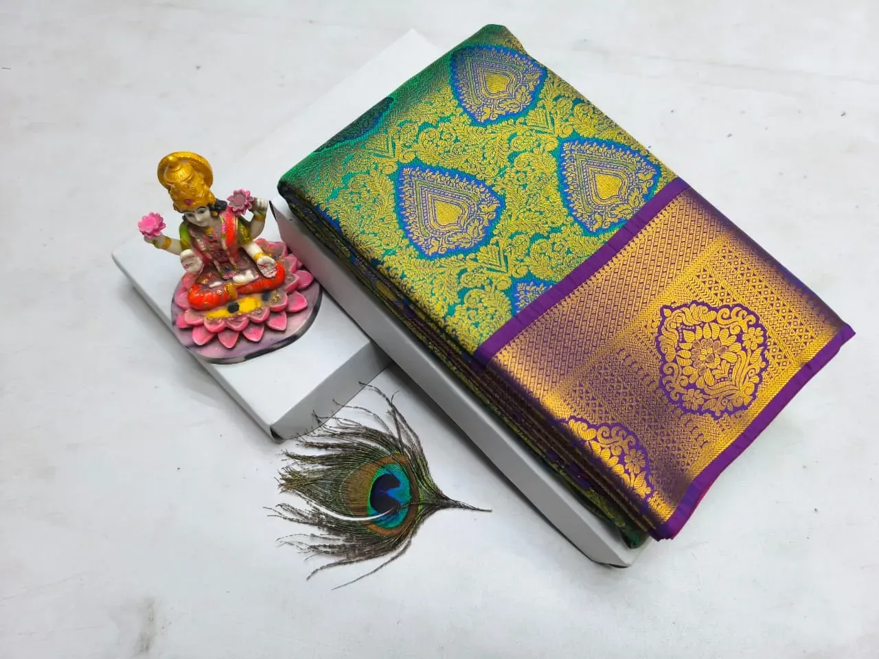 Peacock Blue Green with Purple Heart Butta Jaal Kanchipuram Silk Saree